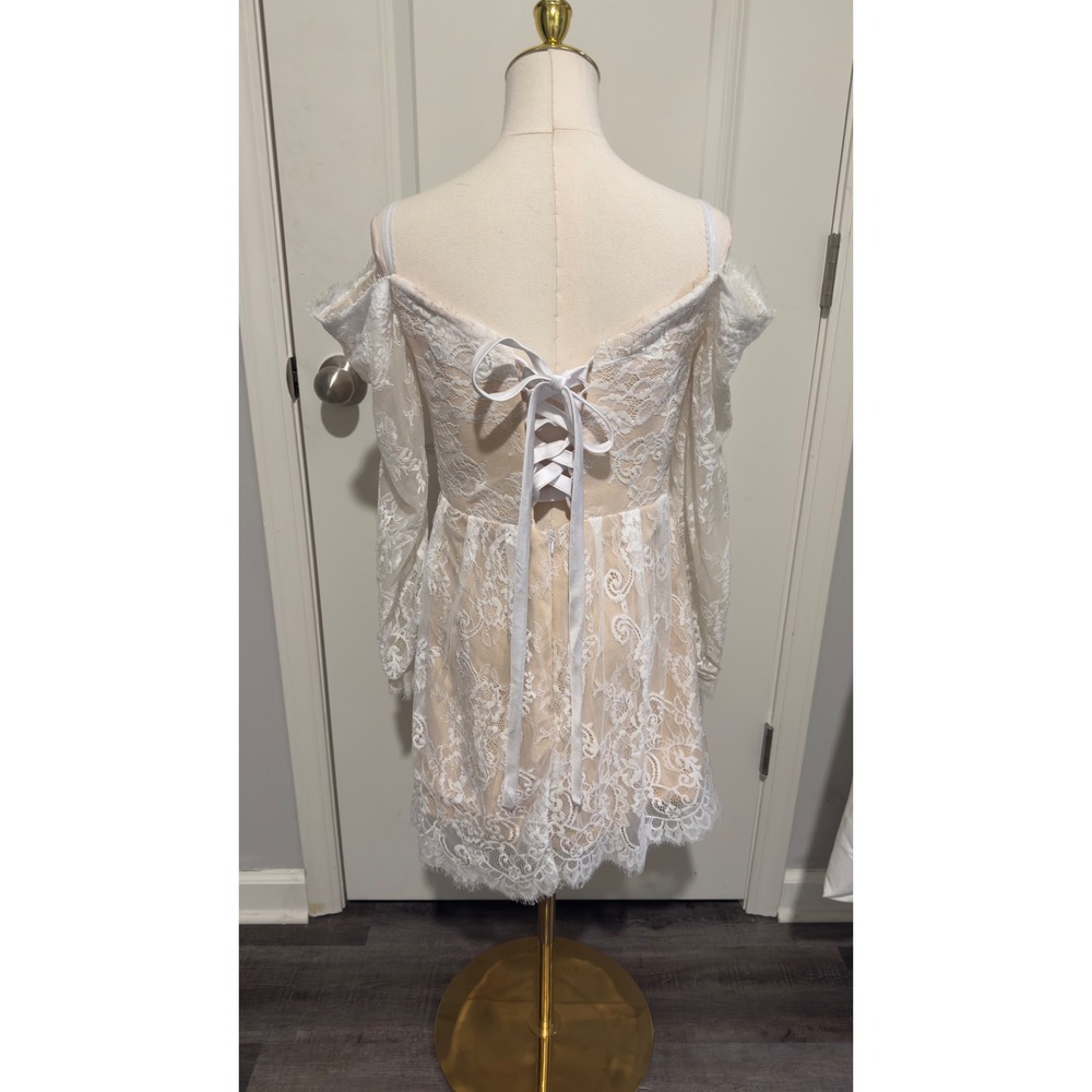 White Lace Off Shoulder Corset Back Mini Dress Gla Party Sexy Wedding Rehearsal - Picture 2 of 10